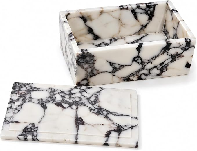 Natural Marble Rectangle Jewelry Box with Lid, 7.87 in | A rectangle marble box for watches, jewelry, slim glasses, hair ties, and dresser-top organization.