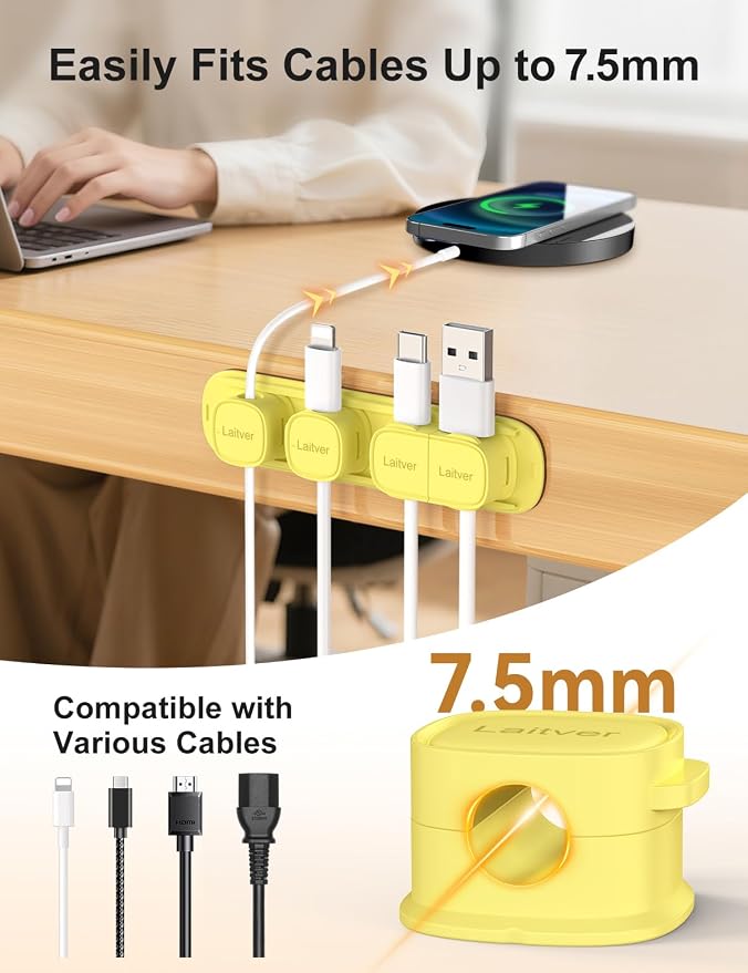 6 Pack Magnetic Cable Clips [1s Open/Lock], Cord Organizer Holder | Strong Adhesive Desk Cable Management- Organize Charging Cords Neatly for Home, Office, Car,Desk, Nightstand-Cream Yellow