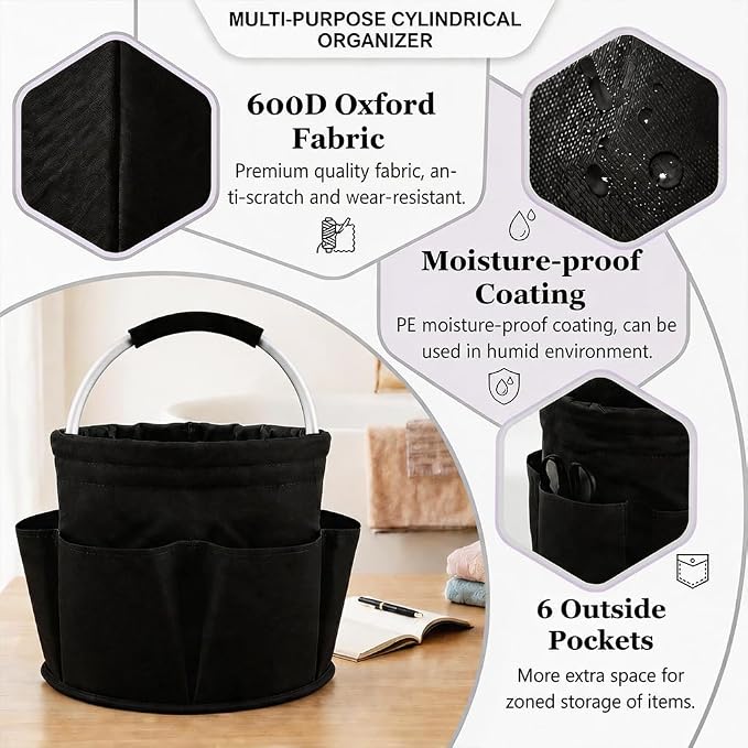 Garden Tool Organizer Tote with Non-Slip Handle – 4.5-Gallon Water-Resistant Bucket Bag with 6 Side Pockets, Portable Gardening and Outdoor Utility Bag for Yard Work, Garage, Beach & Camping (Black)