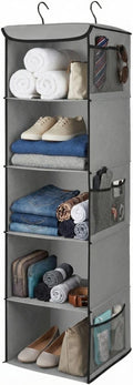 Flexzion 5-Shelf Fabric Hanging Closet Organizer, 11.9-Inch Wide, Brown | Shelves for Dorms with 6 Side Mesh Pockets and 2 Metal Hooks; Open Storage for Clothes, Towels, and Accessories