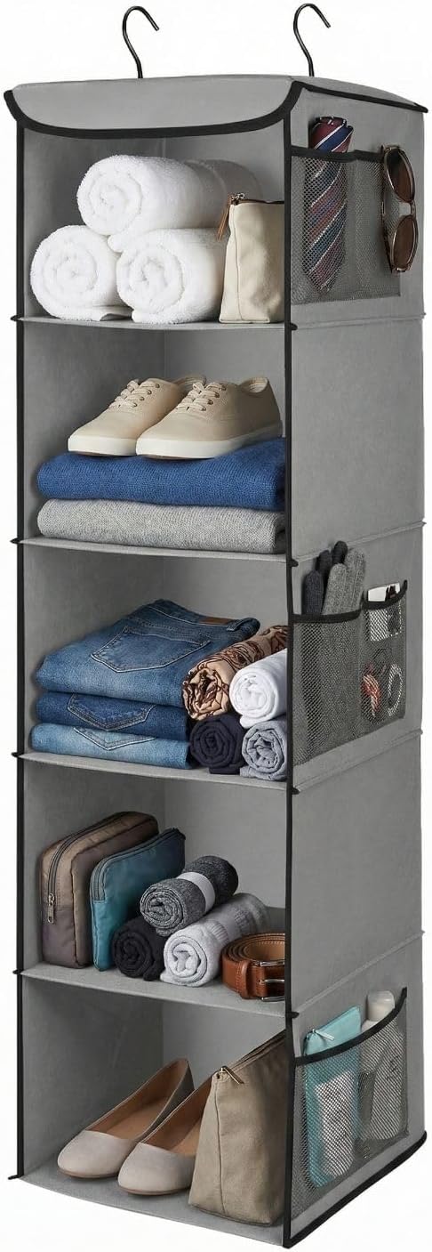 Flexzion 5-Shelf Fabric Hanging Closet Organizer, 11.9-Inch Wide, Brown | Shelves for Dorms with 6 Side Mesh Pockets and 2 Metal Hooks; Open Storage for Clothes, Towels, and Accessories