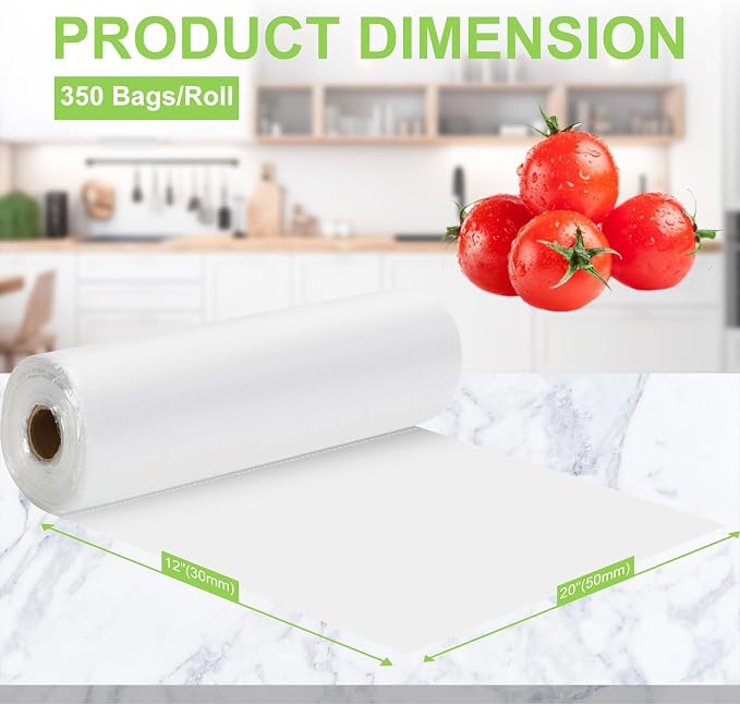 Plastic Produce Bag 12" X 20", Clear Food Storage Bags for Food, Bread, Vegetable, Refrigerator Storage, Kitchen, Fruits and Meat, Easy To Tear, Continuous Roll- 350 Bags/Roll (2 Rolls)