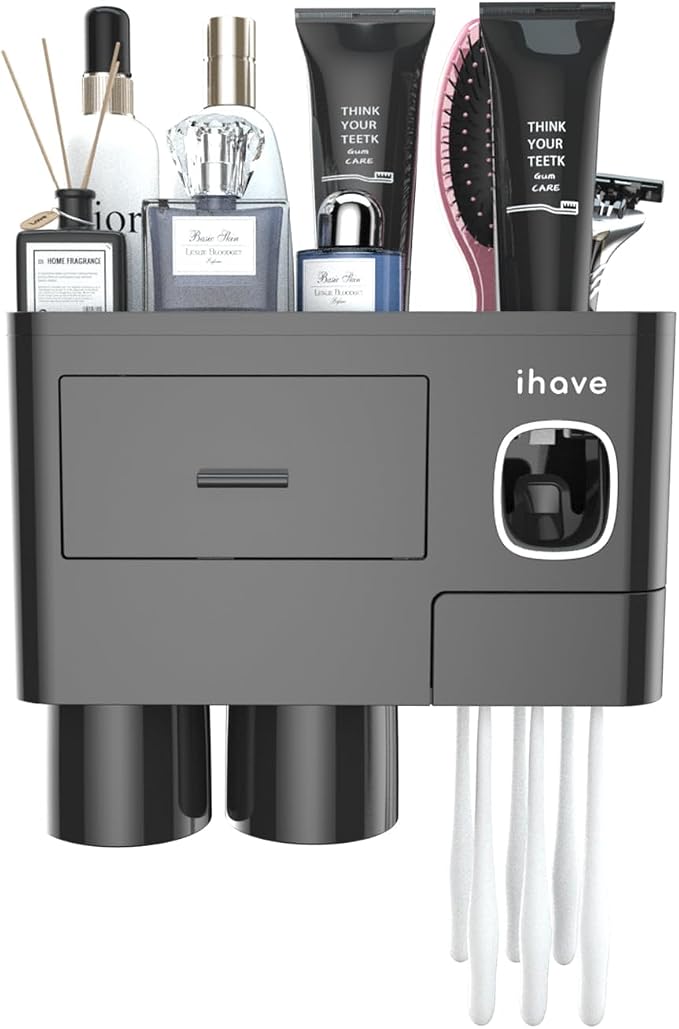 iHave Toothbrush Holders Wall Mounted with Toothpaste Dispenser & 2 Cups | All-in-One Bathroom Organizer: 2 Cups, 6 Slots, Toothpaste Dispenser, Large Tray & Drawer. Wall Mount, No Drilling Required