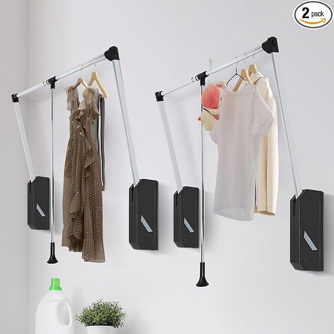 Pull Down Closet Rod 2 Pack, Stainless Steel Adjustable 26-35 inches | 60 lbs Capacity, Side & Back Mounted Soft-Close Two-way Buffering Closet Clothes Rod Wardrobe Lift Rail for Hanging Clothes