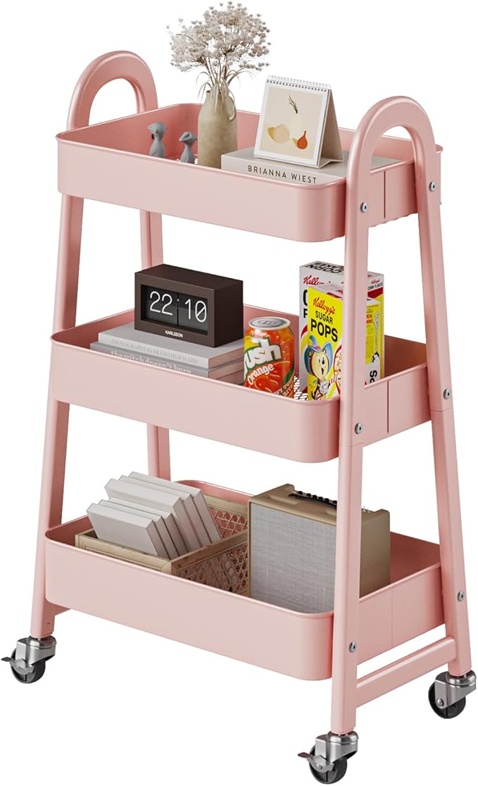 DUMOS 3 Tiers Rolling Cart, Utility Cart, Metal, Pink | Mobile Storage, Lockable Wheels, Utility Shelving Unit, Kitchen, Bathroom, Laundry, Narrow Places
