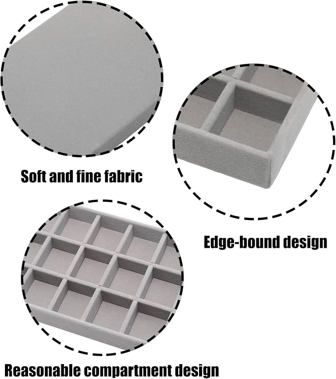 Velvet Jewelry Organizer Trays Gray Stackable Jewelry Storage Display Tray with Removable Dividers, 18 Grids