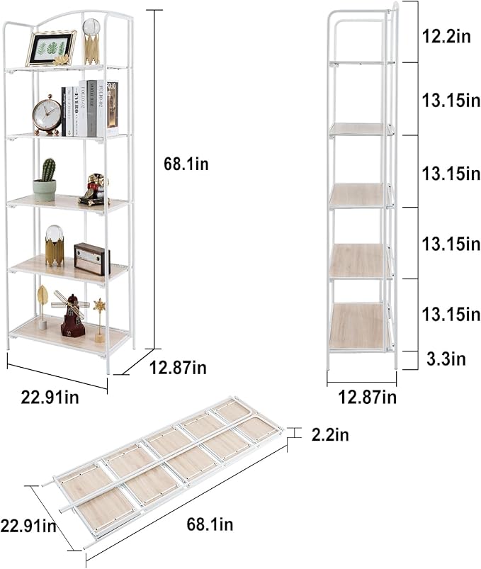 Crofy 5-Tier Foldable Bookshelf, White Frame & White Oak Shelves | No-Assembly Collapsible Portable Storage Organizer; Sturdy White Oak Finish Shelves; Ideal for Living Room & Home Office