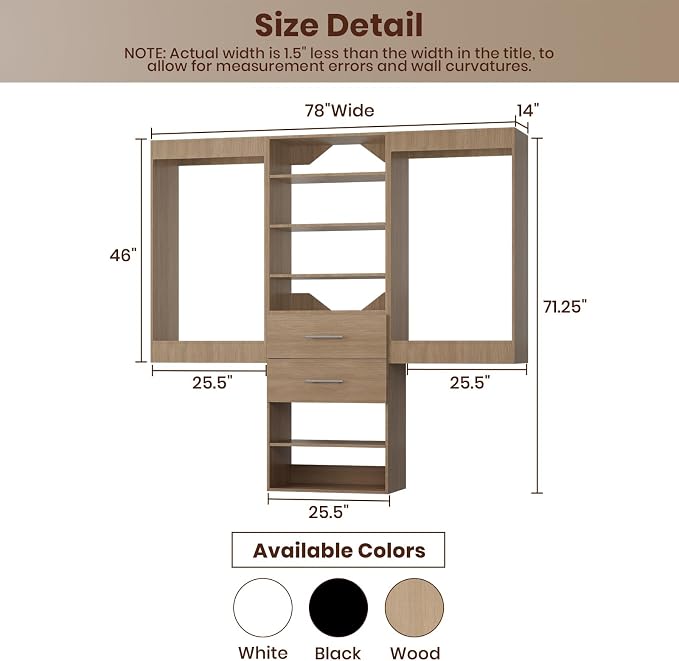 ROOMTEC Modular Closet System, 78" Wall Mounted Closet Organizer with Hanging Rods and Drawers, Wooden Tower for Walk-In Closets, Wardrobe Storage Kit, Wood