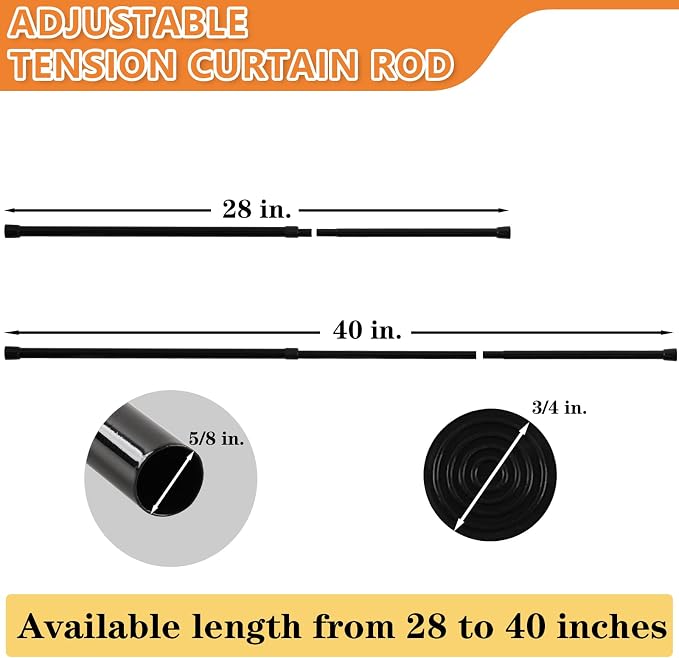 KXLife 4 Pcs Spring Tension Curtain Rod Adjustable 28 to 40 Inches, Black | 5/8" Diameter, Expandable Spring Loaded, No Drilling, No-Slip End Caps, for Windows, Kitchen, Doors