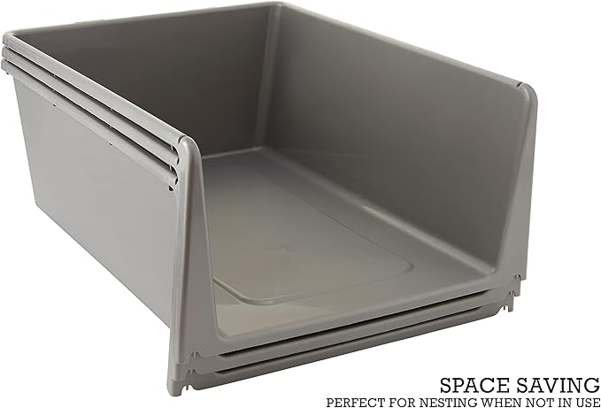 Stackable Storage Containers with Open Front, 3 Pack, Great Organizing Bins for Pantry, Closet, Bedroom, and all Storage, Grey, 15.2” x 10.6” x 6.0”