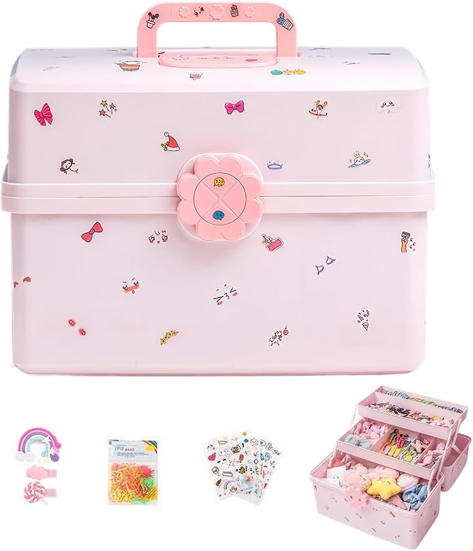 Pulseplay Hair Accessories Organizer for Girls Portable 3-Layer Plastic Storage Box with Handle Perfect for Hair Clips Bows Headbands (Pink)