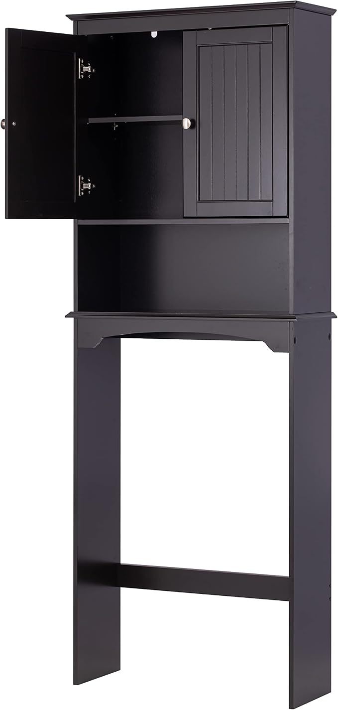 Spirich Over Toilet Storage Cabinet with Doors, Espresso Bathroom Organizer | FSC-Certified MDF, Raised Panel Doors, Adjustable & Open Shelves, Anti-Tip Mount, Fits Behind & Above Standard Toilets