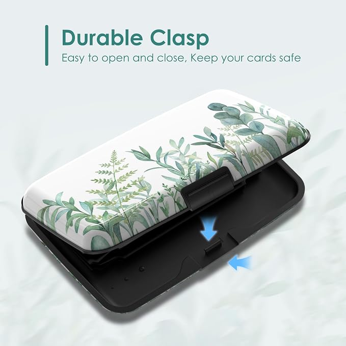 Credit Card Holder, RFID Blocking Aluminum Hard Case, Slim Mini Business Metal Wallet for Women Men, Green Plant Leaves