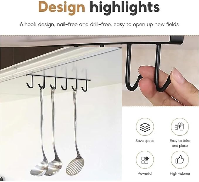 Black Mug Hanger, Under Cabinet Cup Holder Hanging Mug Organizer for Cabinet Nail Free Under Adhesive Coffee Cups Mug Holder Hanger for Cups/Kitchen Utensils/Ties Belts/Scarf/Keys Storage (2pcs)