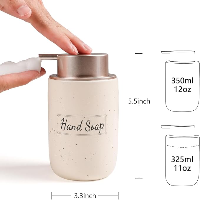 BosilunLife Foaming Soap Dispenser Set - Apricot Ceramic Foam Hand Soap Dispenser 12oz with Rust Proof Pump, Easy Pressing & Refillable,4Pcs Clear Stickers for Kitchen, Bathroom - 2 Pack