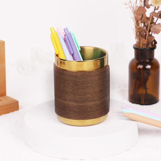 MultiBey Gold Pencil Holder Cup, Luxury Walnut Pen Holder Metal Organizer Small Vase, Offices Stationery Makeup Brushes Holder Decoration Desk Accessory for Office Home | Offices Stationery Makeup Brushes Pen Cup Decoration Desk Accessory for Office Home