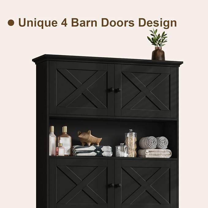 Halitaa Over The Toilet Storage Cabinet with Doors & Paper Holder, Black | Halitaa Farmhouse Toilet Shelf Home Space Saver with 4 Barn Doors & Toilet Paper Holder Stand for Restroom, Bathroom, Laundry