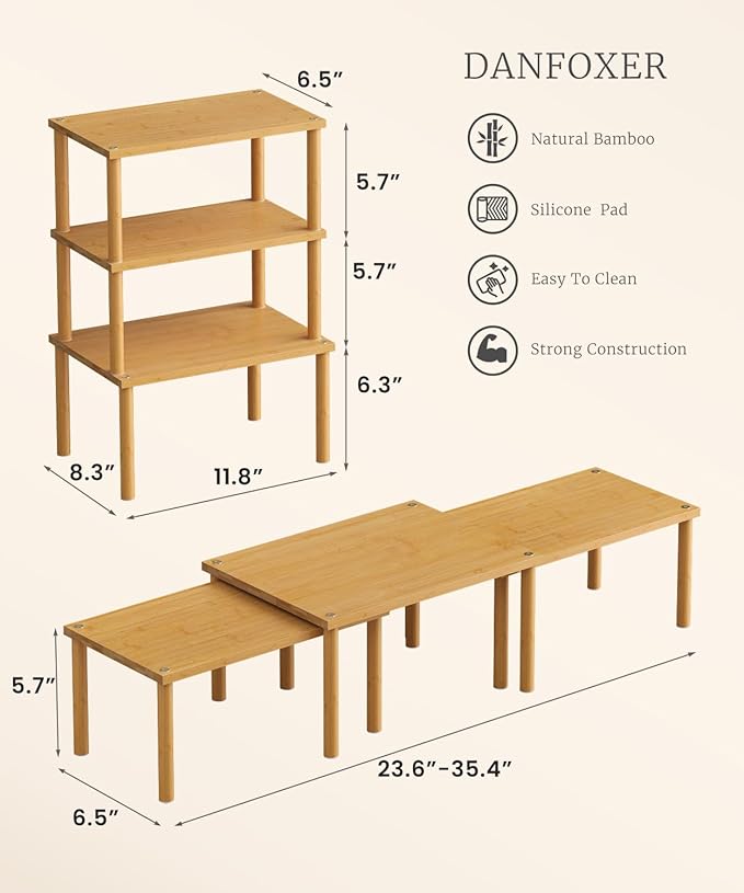 Cabinet Organizer Shelf(Set of 3),Bamboo Kitchen Counter Shelves for Countertop and Cabinet,Stackable Shelf Spice Racks,Medium(Natural)