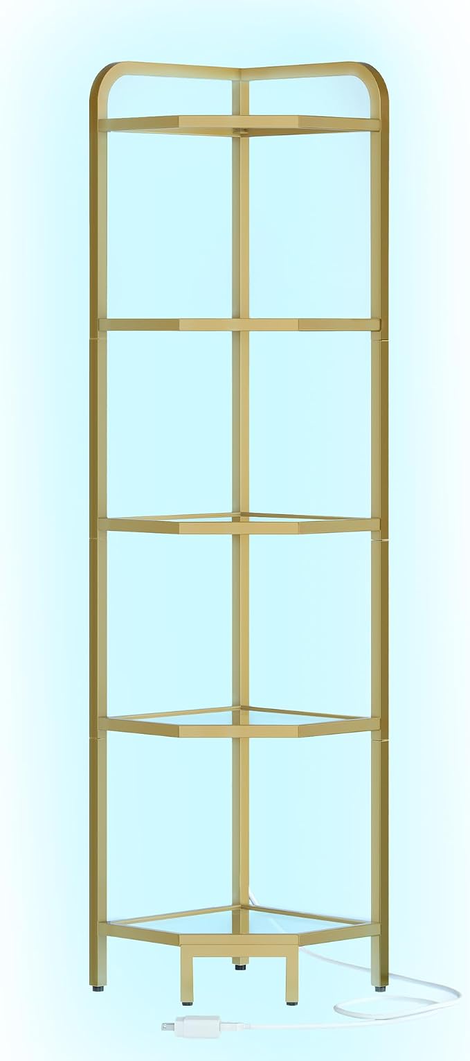 Hzuaneri Corner Shelf with LED Lighting, 6-Tier Glass Bookshelf | Steel Frame, Tempered Glass, Modern Style Corner Shelf, Suitable for Living Rooms, Bedrooms and Games Rooms