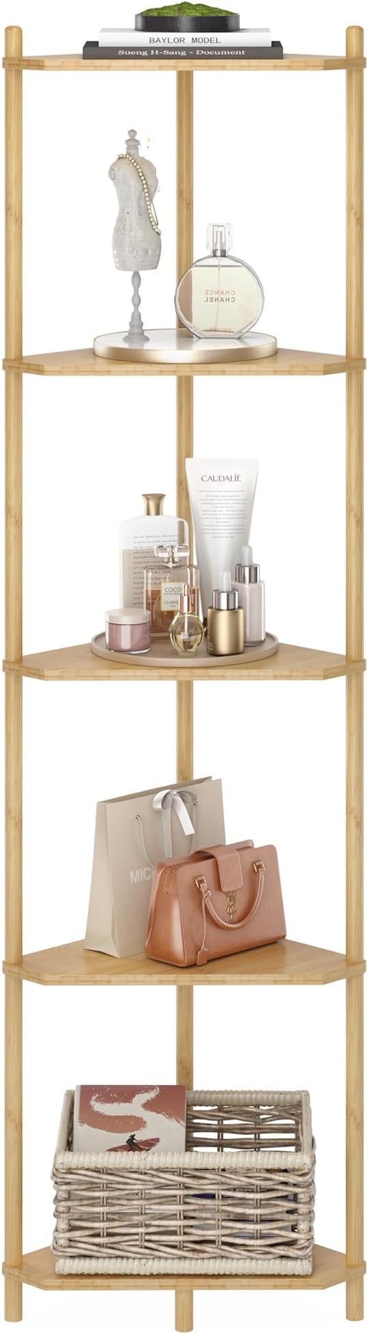 Wisuce Natural Tall Corner Shelf Stand, 5-Tier Bamboo Corner Bookshelf | Space-Saving Narrow Corner Shelf | Bathroom Corner Shelf | Shelves for Bedroom, Living Room, Kitchen & Plant Display