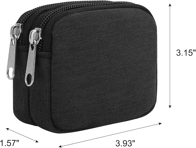 E-Tree Coin Purse with Carabiner Clip, Dual Layer Card Case Holder, Mini Pouch for AirPod Earphone Keychain USB Cable,Wallet, Small Accessories Organizer Bag for Women and Men (Black-Side Zippers)