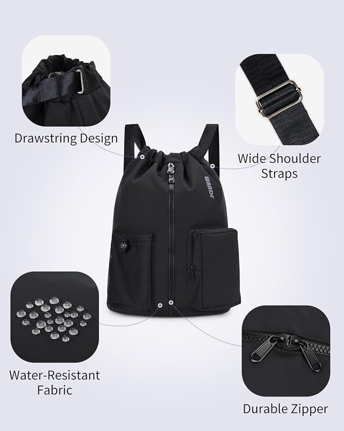 WANDF Drawstring Backpack with Shoe Compartment, Sports Gym Bag | Multi-Pocket Storage, Water-Resistant Fabric, Cinch String Bag