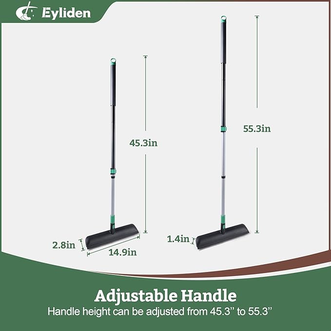Eyliden Floor Scrub Brush, 15-inch Wide, 55" Long Handle, Deck Scrubber | 2-in-1 Stiff Bristles and Rubber Squeegee, 45° Angle Head, Telescoping Handle, for Bathroom Shower Kitchen Patio Garage
