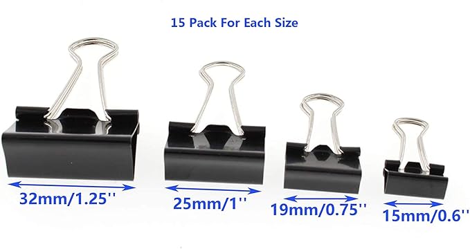 Assorted Sizes Binder Clips,Paper Clamps,Black Metal Fold Back Clips for Office School Supplies,Large, Medium,Small Size Metal Clips,Big Size Paper Holder,Elastic Rubber Band (60 PCS Black)