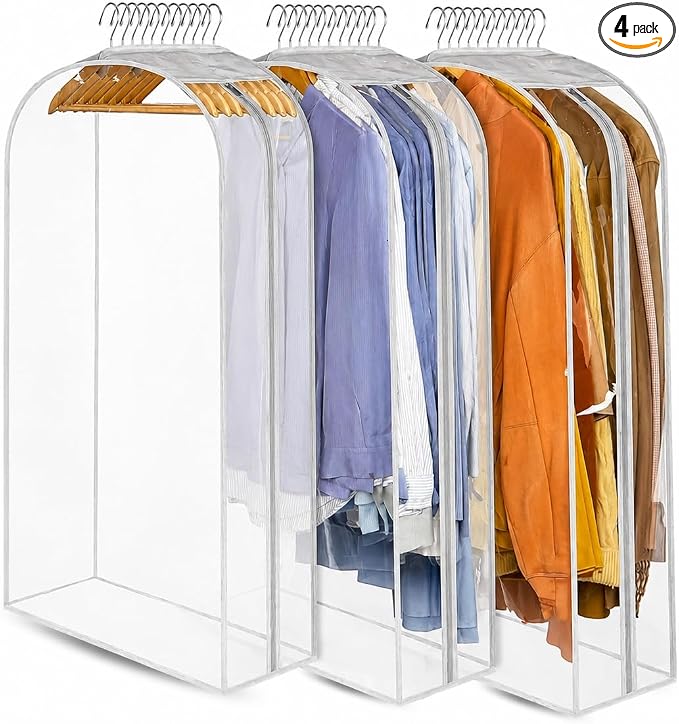Garment Bags for Dresses, 24" Extra Wide All Clear Garment Covers with Side Zipper, 40" Suit Bags for Closet Storage, Travel Garment Bag for Hanging Clothes – Pack of 4