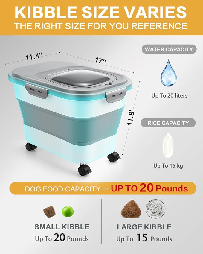 ANVS Dog Food Storage Container - Up to 20lbs Collapsible Dog Food Container with Casters, Scoop and 2.5L Small Pet Food Container to Keep Dry Pet Food Fresh (Pink)