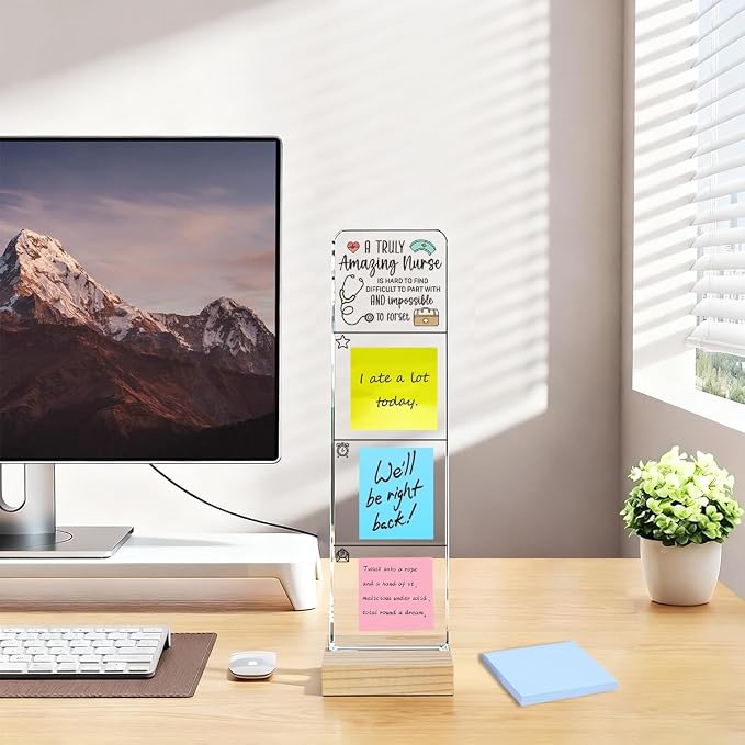 Sticky Note Holder, Monitor Memo Board, Acrylic Post It Note Holder with Wooden Base, Includes 100 Notes, Nurse Thank You Desk Organizer, Quote “A Truly Amazing Nurse is Hard to Find”