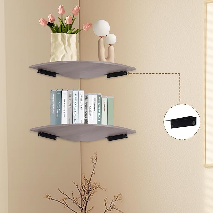 JJL Corner Wall Shelf, 12-Inch Sector Shelf, Set of 2 Wooden Hanging Shelves With Wire Hole for Bedroom Decoration, Grey