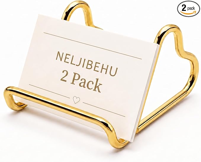 2 Pcs Cute Gold Metal Heart Business Card Holder for Desk | Metal Heart Business Card Display Stand, Pretty Desk Organizer and Cute Desk Accessories for Office Desktop