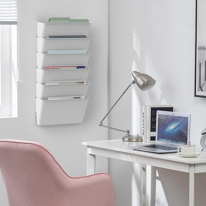Gawerk Clear Acrylic Single Pocket, Plastic Hanging Wall Mount File Holder for Office Home (White, 4 Pack)