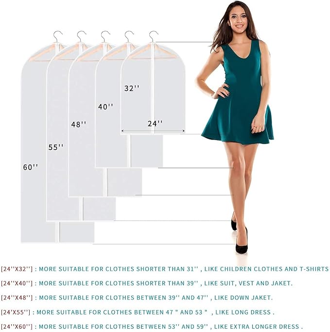 60" Dress Bags for Gowns, 6 Packs All Clear Garment Bags for Hanging Clothes, Plastic Waterproof Dress Cover with Zipper for Dresses, Coats, Uniforms (Set of 6)