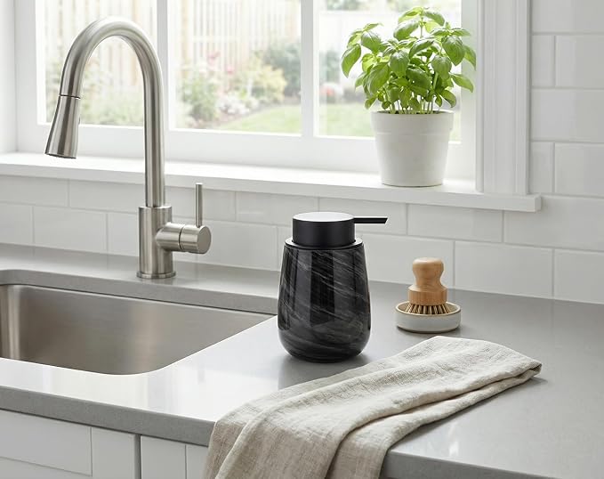 Marble Glass Liquid Soap/Lotion/Hand Sanitizer Pump Dispenser, Refillable for Kitchen and Bathroom Countertop (Black)