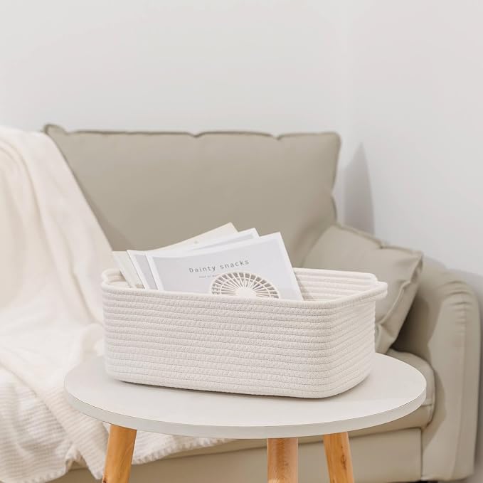 CubesLand Woven Rope Storage Basket for Laundry, Toys Organizing, Nursery | Organizer Basket for Book Clothes Shoes Bedroom Home & Living Room Decor, with Durable Handle, Rectangular 14x10x7.08IN White
