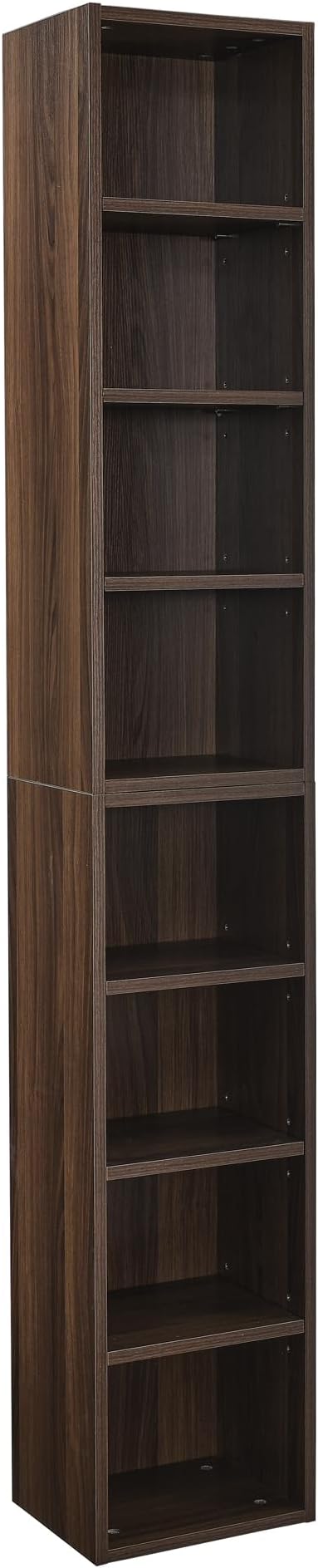 Sleek Walnut 8-Tier Media Tower Rack - Adjustable Slim Storage Cabinet, Tall Narrow Bookcase for Efficient Home Office Organization and Display!