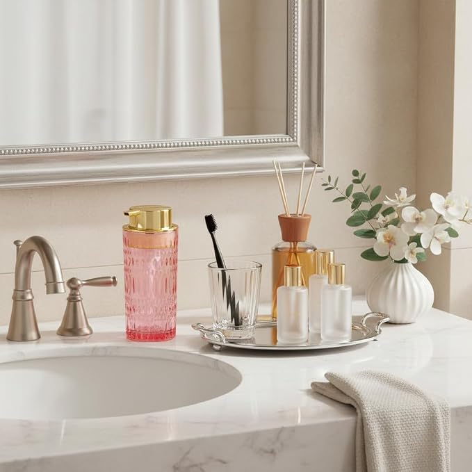 Foaming Soap Dispenser, Pink Glass Foam Soap Dispenser, 14 Oz Refillable Hand Soap Dispenser Pump Bottle Container for Bathroom Kitchen Countertop Decor