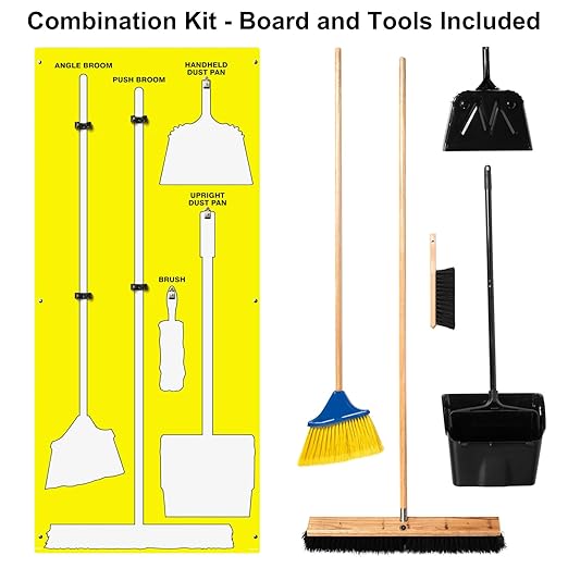 Clean & Sweep 5S Shadow Board/Wall Mount Broom Holder, 68" x 30" Board, 5S Cleaning Station - with Broom and Dustpan Set Included, Made in The USA by AccuformNMC, Yellow/White, PSB116YLWT