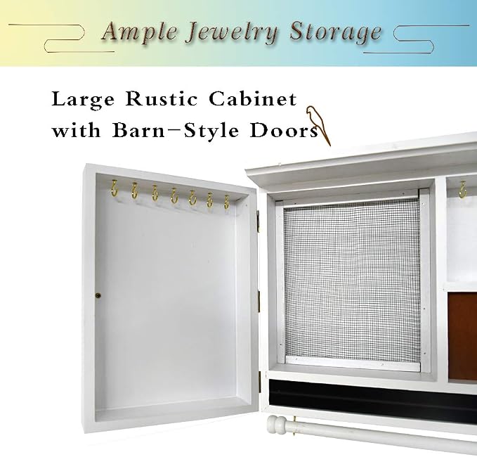 Rustic Wall Mounted Jewelry Organizer,Vintage Wooden Hanging Jewelry Holder Box with Barndoor Decor for Necklaces, Earings, Bracelets, Rings, Accessories. Includes Hook Organizer (MILK WHITE)