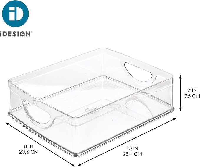 iDesign Plastic Stackable Pantry Bin, Set of 2, Clear | Storage Bin with Handles, For Cabinets or Fridge