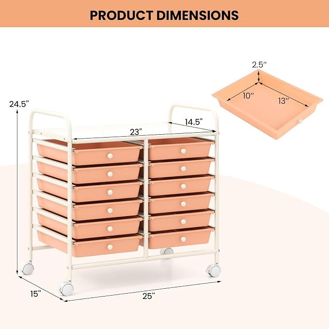 LDAILY 12 Drawer Rolling Storage Cart, Craft Cart Organizer on Wheels w/Metal Frame, Large Capacity & Smooth Drawer, Rolling Cart w/Drawers for Classroom, Office
