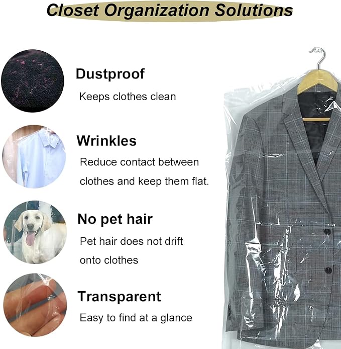 30 Pack Clear Plastic Clothes Covers 35.4inch Dry Cleaning Hanging Dust Proof Garment Bags for Home Storage Clothing Stores & Dry Cleaners.