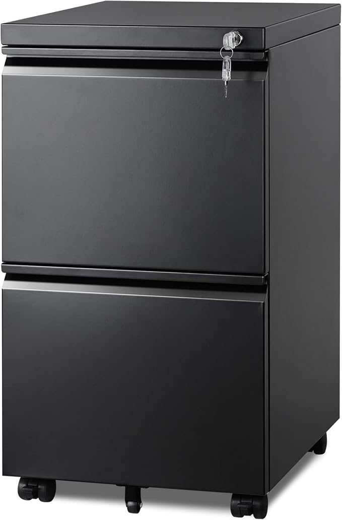 DEVAISE 2 Drawer Mobile File Cabinet, Fully Assembled | Under Desk Metal Filing Cabinet with Lock for Home Office, Fits Letter/Legal/A4 Size, Black