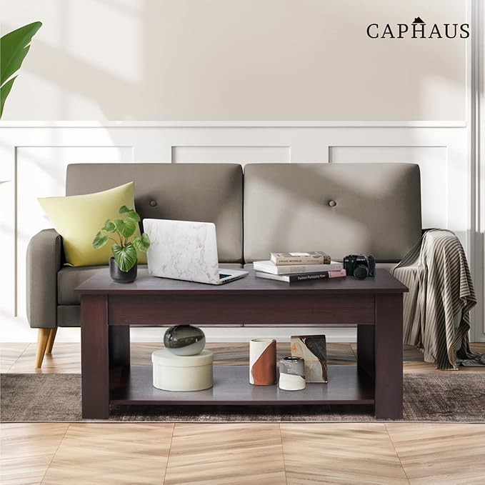 CAPHAUS Lift Top Coffee Table w/Storage and Hidden Compartment, Rising Tabletop for Living Room, Bottom Open Shelf, 41" Espresso
