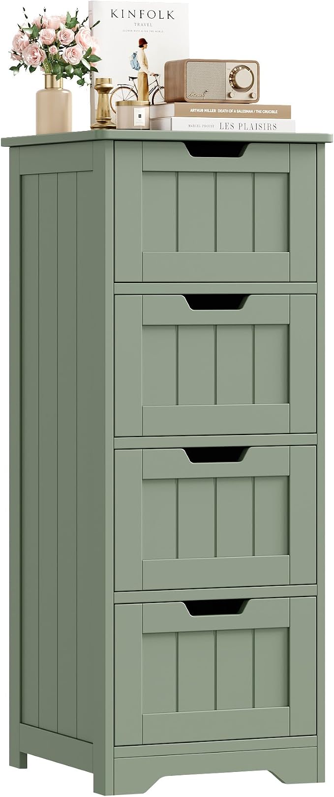FOTOSOK Bathroom Storage Cabinet, Bathroom Cabinet with 4 Drawers, 11.8” x 11.8” x 32.5” Freestanding Entryway Cupboard Storage Organizer Unit Home Furniture Decor, Green