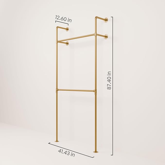 pamo Industrial Clothing Rack Wall Mounted Gold – 41" W × 87" H, 441 lbs | Heavy Duty Pipe Closet System in Gold Powder Coated Steel, Scratch-Resistant, Double Rod, Easy Assembly