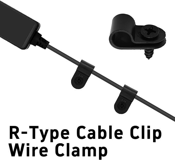 100Pcs R-Type Cable Clips 1/4" Black Nylon Plastic Wire Clamps with Mounting Screws, Cord Fastener Cable Management Organizer for Home Office Electrical Installation