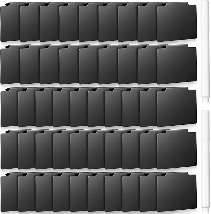Siifert 50 Pcs Basket Labels Clip Set for Storage Bins - Include 48 Removable PVC Bin Label Holders with 2 Chalk Markers for Kitchen Pantry Organization Labeling Box Shelf (Black)